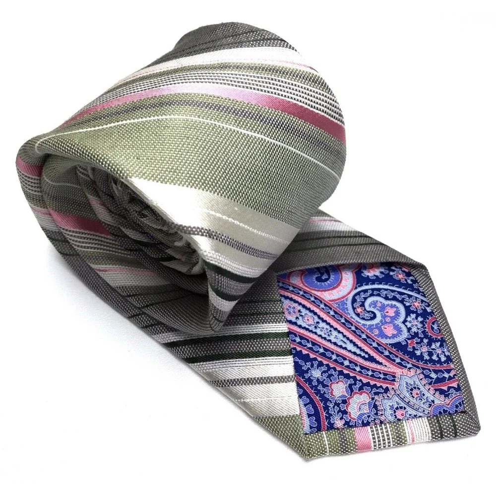 Ted Baker London Tie Men's Gray Khaki Pink Striped Paisley Pin Up Necktie 60